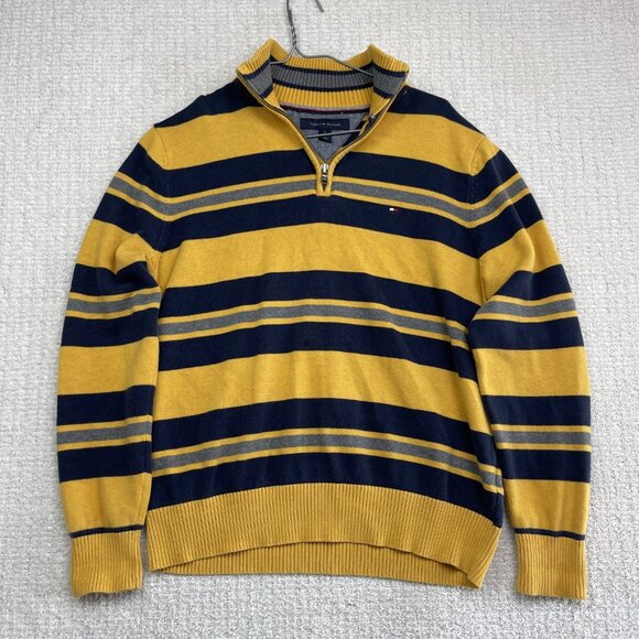 TOMMY HILFIGER Mens Patterned Jumper Yellow Striped 1/4 Zip Tight Knit M. Read - Picture 1 of 12
